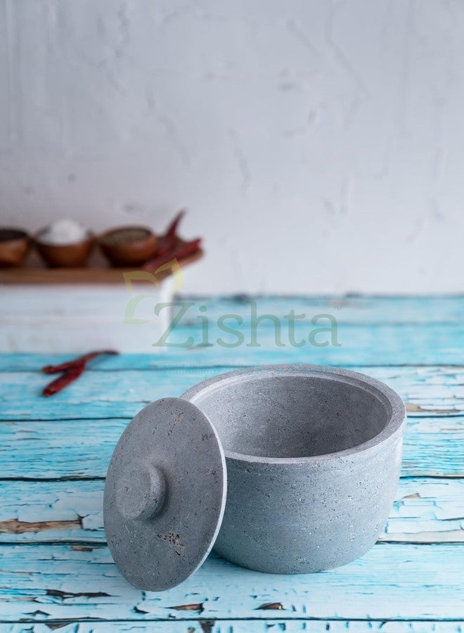 Zishta Soapstone Traditional Storage Container with Lid - Medium | Curd Pot with Lid | Salt Yoghourt Curd Storing Pickle Tamarind Storing (Dia: 12.7cm, Cap: 0.65-0.75L, 1.5 Kg) - Image 1